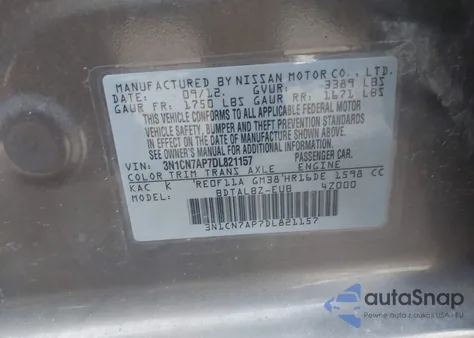 2013 Nissan Versa 1.6 Sv from USA, damaged, VIN 3N1CN7AP7DL821157